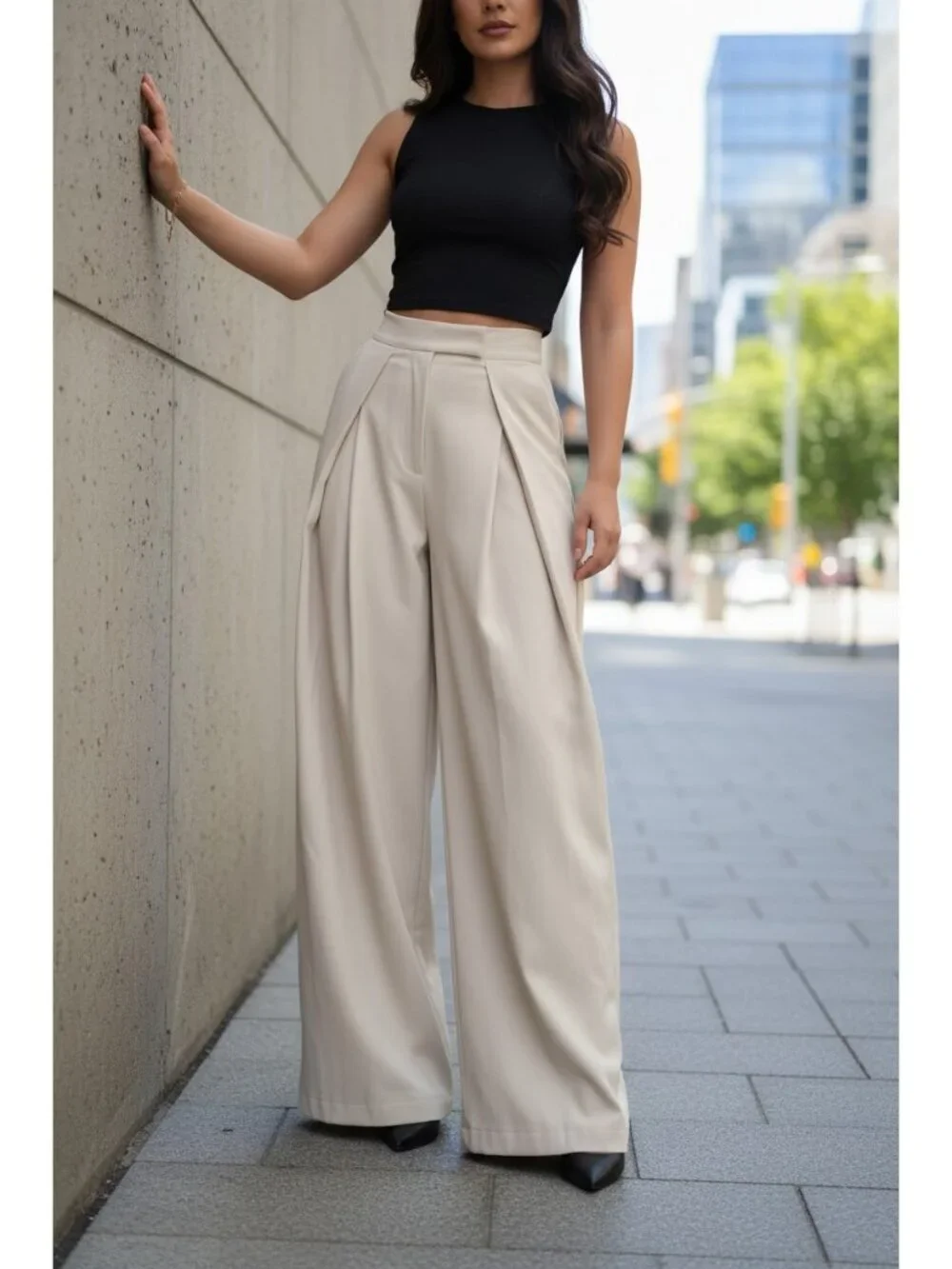 High-Waisted Double Pleated Fitted Waist Extra Wide Leg Pants Tailored Trousers